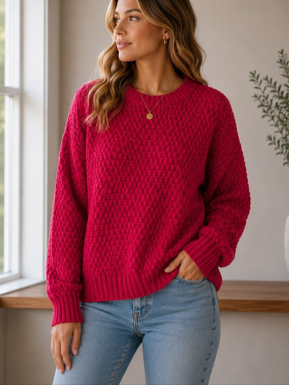 💙 Old Navy Women's Bright Red Waffle Crewneck Sweater